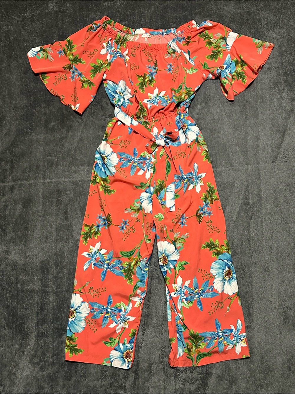 Floral Off-Shoulder Jumpsuit in Coral